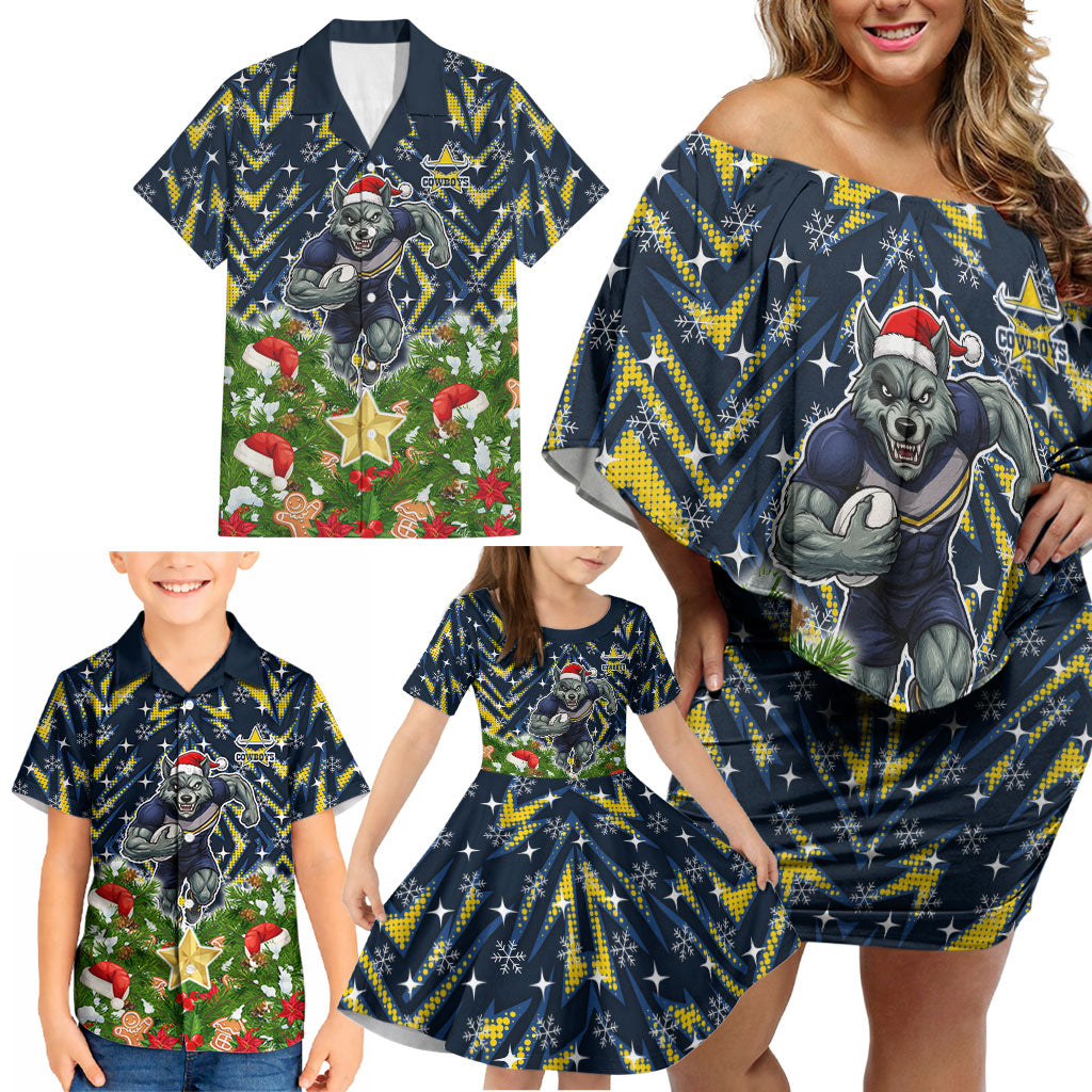 Personalised Cowboys Rugby Christmas Family Matching Off Shoulder Short Dress and Hawaiian Shirt Santa Rugby Mascot - Pine Wreath Festive