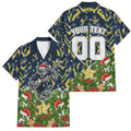 Personalised Cowboys Rugby Christmas Family Matching Off Shoulder Short Dress and Hawaiian Shirt Santa Rugby Mascot - Pine Wreath Festive