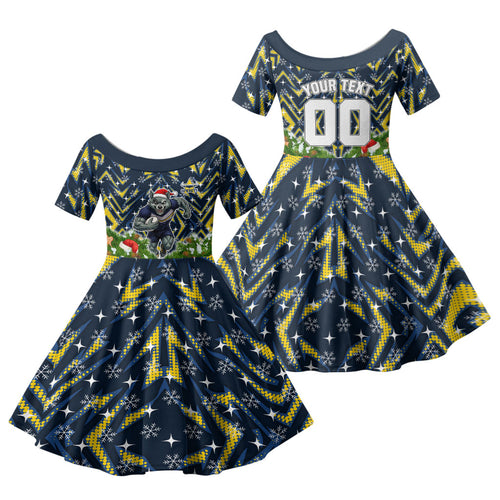 Personalised Cowboys Rugby Christmas Family Matching Off Shoulder Short Dress and Hawaiian Shirt Santa Rugby Mascot - Pine Wreath Festive