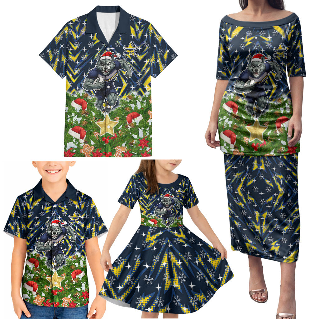 Personalised Cowboys Rugby Christmas Family Matching Puletasi and Hawaiian Shirt Santa Rugby Mascot - Pine Wreath Festive