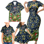 Personalised Cowboys Rugby Christmas Family Matching Short Sleeve Bodycon Dress and Hawaiian Shirt Santa Rugby Mascot - Pine Wreath Festive