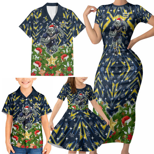 Personalised Cowboys Rugby Christmas Family Matching Short Sleeve Bodycon Dress and Hawaiian Shirt Santa Rugby Mascot - Pine Wreath Festive