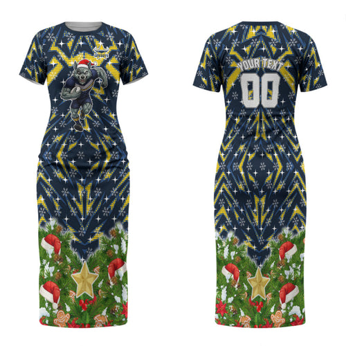 Personalised Cowboys Rugby Christmas Family Matching Short Sleeve Bodycon Dress and Hawaiian Shirt Santa Rugby Mascot - Pine Wreath Festive