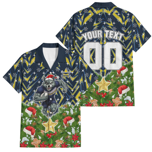 Personalised Cowboys Rugby Christmas Family Matching Short Sleeve Bodycon Dress and Hawaiian Shirt Santa Rugby Mascot - Pine Wreath Festive