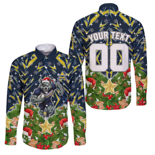 Personalised Cowboys Rugby Christmas Family Matching Short Sleeve Bodycon Dress and Hawaiian Shirt Santa Rugby Mascot - Pine Wreath Festive