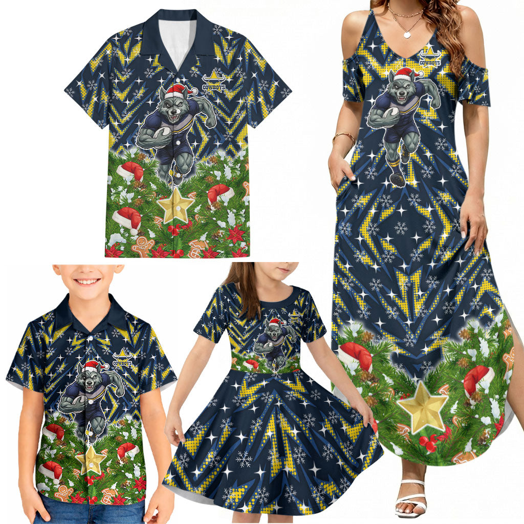 Personalised Cowboys Rugby Christmas Family Matching Summer Maxi Dress and Hawaiian Shirt Santa Rugby Mascot - Pine Wreath Festive