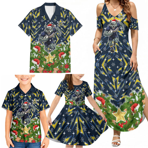 Personalised Cowboys Rugby Christmas Family Matching Summer Maxi Dress and Hawaiian Shirt Santa Rugby Mascot - Pine Wreath Festive