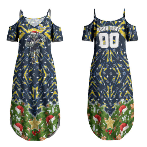 Personalised Cowboys Rugby Christmas Family Matching Summer Maxi Dress and Hawaiian Shirt Santa Rugby Mascot - Pine Wreath Festive