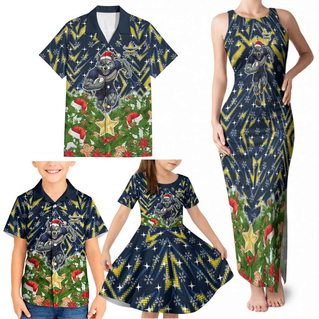 Personalised Cowboys Rugby Christmas Family Matching Tank Maxi Dress and Hawaiian Shirt Santa Rugby Mascot - Pine Wreath Festive