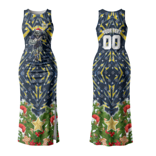 Personalised Cowboys Rugby Christmas Family Matching Tank Maxi Dress and Hawaiian Shirt Santa Rugby Mascot - Pine Wreath Festive