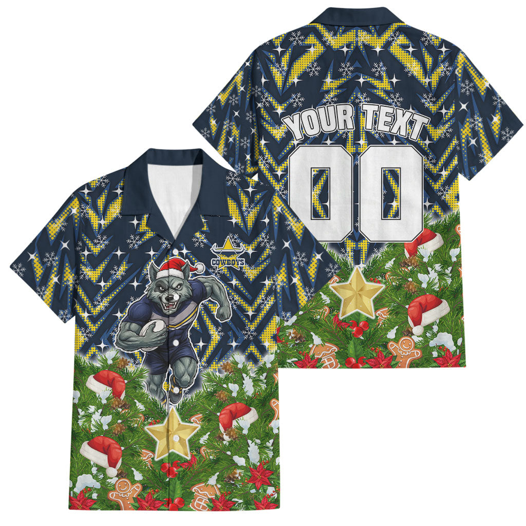Personalised Cowboys Rugby Christmas Family Matching Tank Maxi Dress and Hawaiian Shirt Santa Rugby Mascot - Pine Wreath Festive