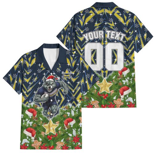 Personalised Cowboys Rugby Christmas Family Matching Tank Maxi Dress and Hawaiian Shirt Santa Rugby Mascot - Pine Wreath Festive