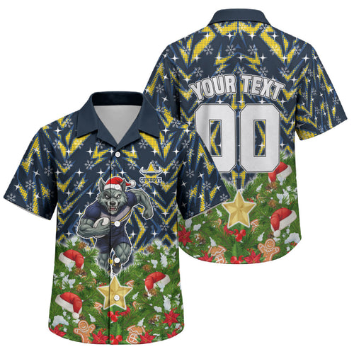 Personalised Cowboys Rugby Christmas Family Matching Tank Maxi Dress and Hawaiian Shirt Santa Rugby Mascot - Pine Wreath Festive