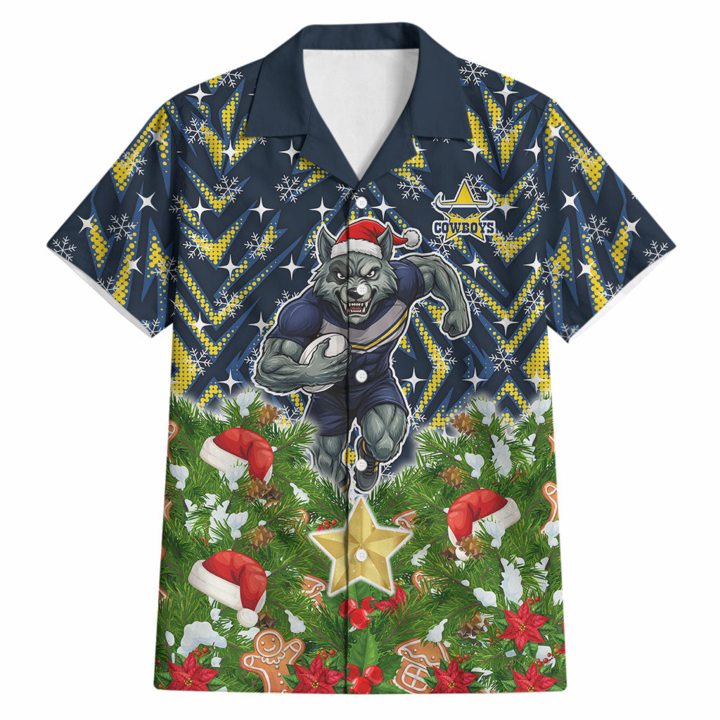 Personalised Cowboys Rugby Christmas Hawaiian Shirt Santa Rugby Mascot - Pine Wreath Festive