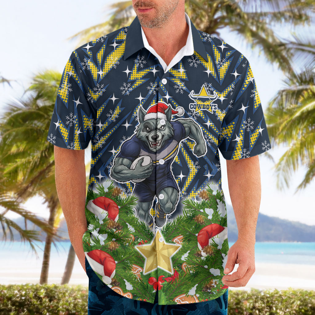 Personalised Cowboys Rugby Christmas Hawaiian Shirt Santa Rugby Mascot - Pine Wreath Festive