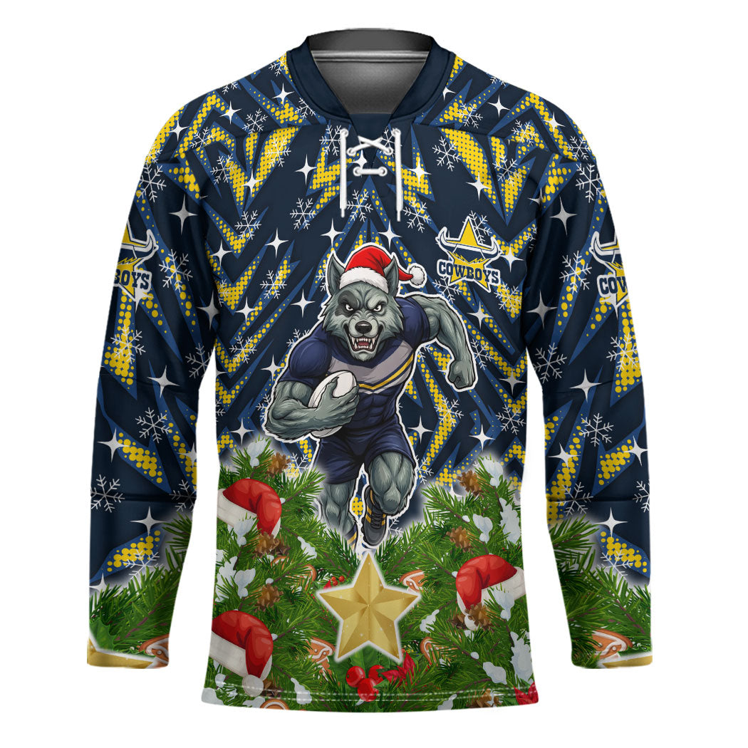 Personalised Cowboys Rugby Christmas Hockey Jersey Santa Rugby Mascot - Pine Wreath Festive