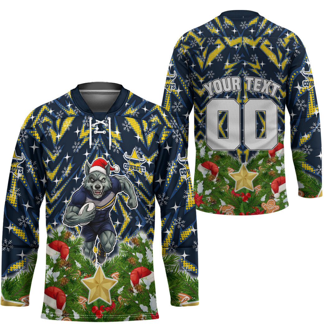 Personalised Cowboys Rugby Christmas Hockey Jersey Santa Rugby Mascot - Pine Wreath Festive