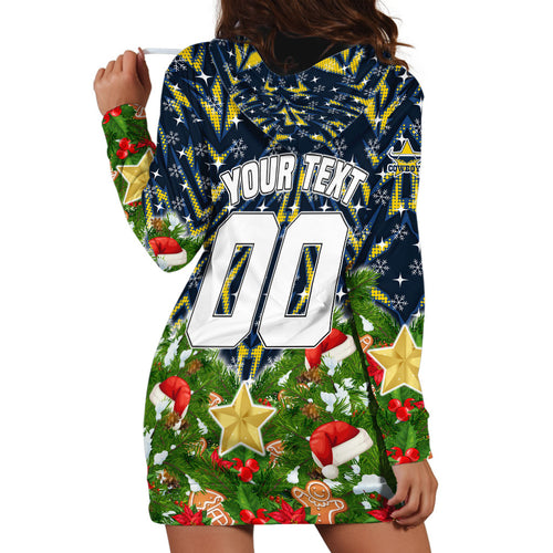 Personalised Cowboys Rugby Christmas Hoodie Dress Santa Rugby Mascot - Pine Wreath Festive