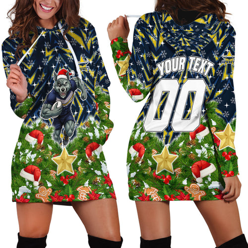 Personalised Cowboys Rugby Christmas Hoodie Dress Santa Rugby Mascot - Pine Wreath Festive