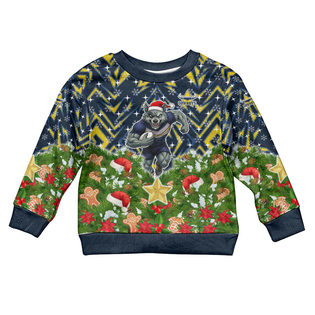 Personalised Cowboys Rugby Christmas Kid Ugly Christmas Sweater Santa Rugby Mascot - Pine Wreath Festive