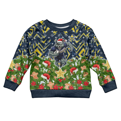 Personalised Cowboys Rugby Christmas Kid Ugly Christmas Sweater Santa Rugby Mascot - Pine Wreath Festive