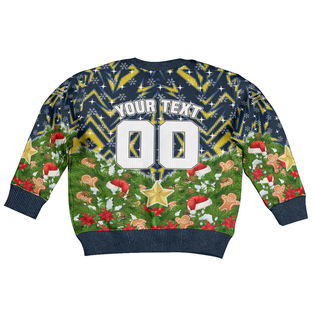 Personalised Cowboys Rugby Christmas Kid Ugly Christmas Sweater Santa Rugby Mascot - Pine Wreath Festive