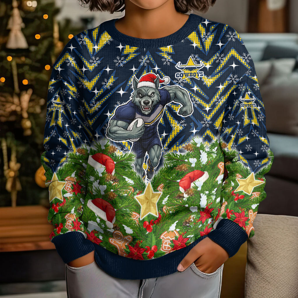 Personalised Cowboys Rugby Christmas Kid Ugly Christmas Sweater Santa Rugby Mascot - Pine Wreath Festive