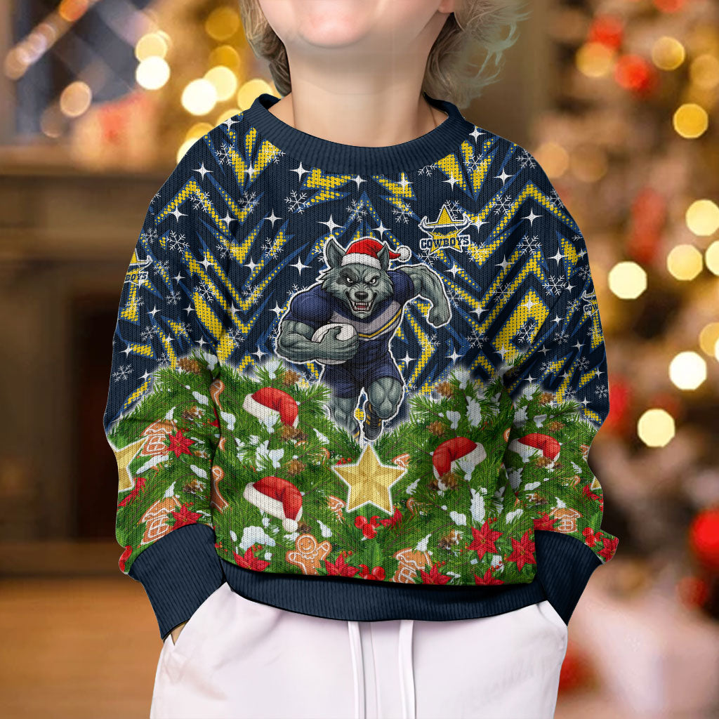 Personalised Cowboys Rugby Christmas Kid Ugly Christmas Sweater Santa Rugby Mascot - Pine Wreath Festive