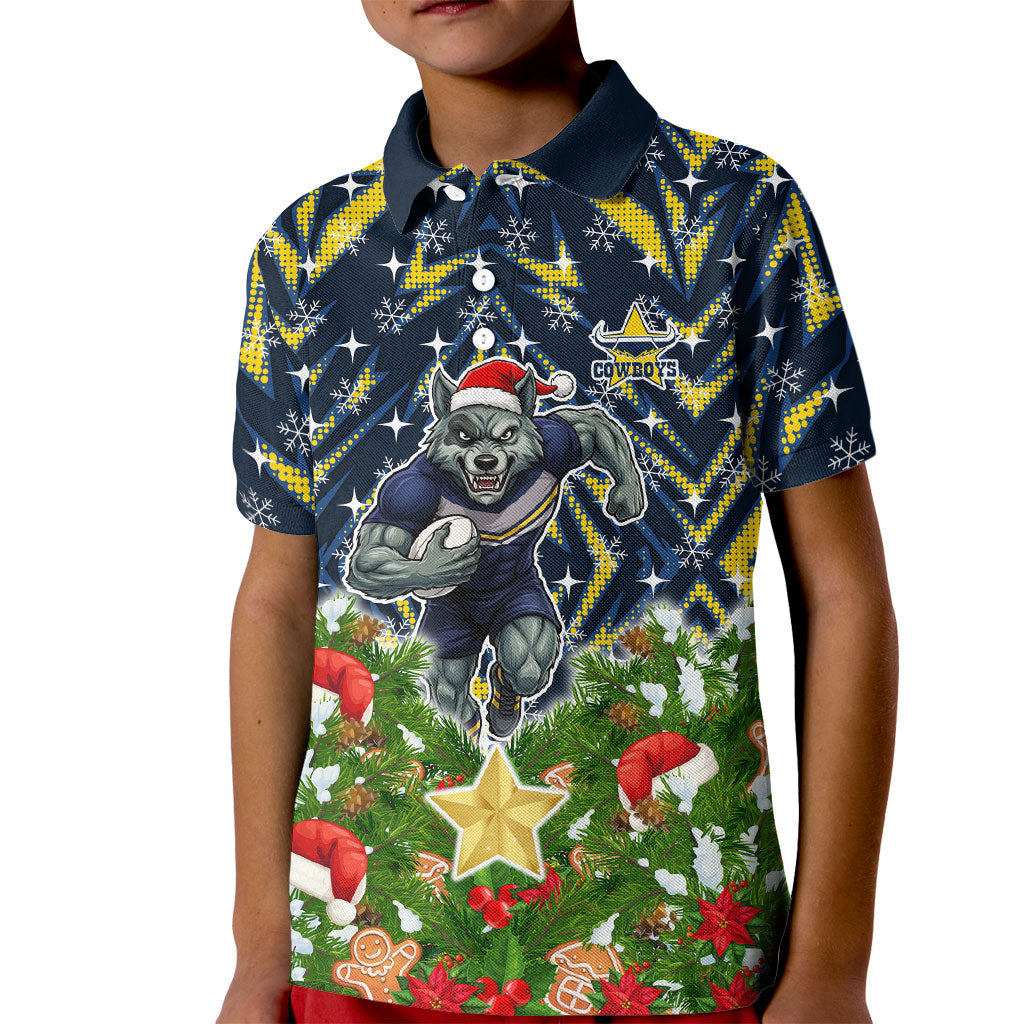 Personalised Cowboys Rugby Christmas Kid Polo Shirt Santa Rugby Mascot - Pine Wreath Festive