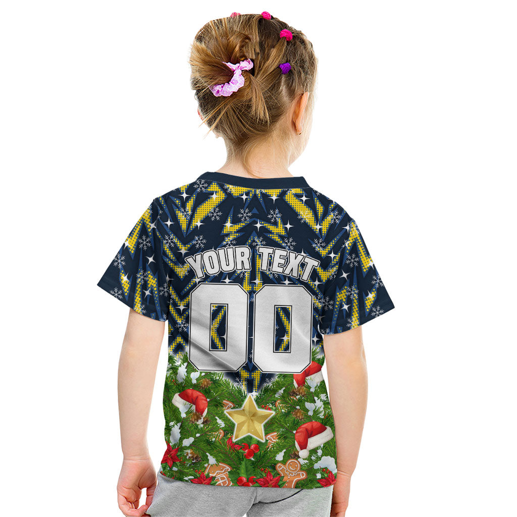 Personalised Cowboys Rugby Christmas Kid T Shirt Santa Rugby Mascot - Pine Wreath Festive