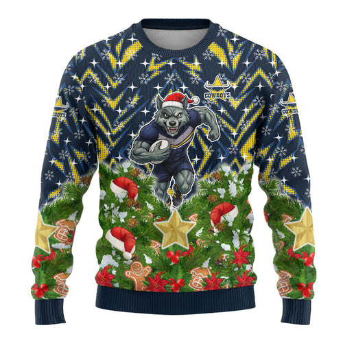Personalised Cowboys Rugby Christmas Ugly Christmas Sweater Santa Rugby Mascot - Pine Wreath Festive