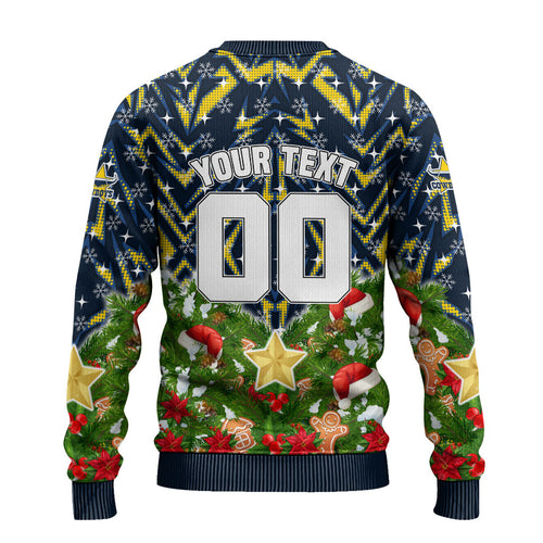 Personalised Cowboys Rugby Christmas Ugly Christmas Sweater Santa Rugby Mascot - Pine Wreath Festive