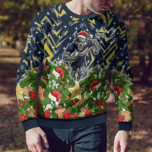 Personalised Cowboys Rugby Christmas Ugly Christmas Sweater Santa Rugby Mascot - Pine Wreath Festive