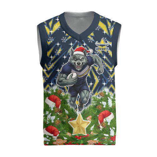 Personalised Cowboys Rugby Christmas Knitted V-Neck Vest Santa Rugby Mascot - Pine Wreath Festive