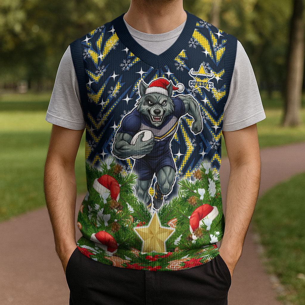 Personalised Cowboys Rugby Christmas Knitted V-Neck Vest Santa Rugby Mascot - Pine Wreath Festive
