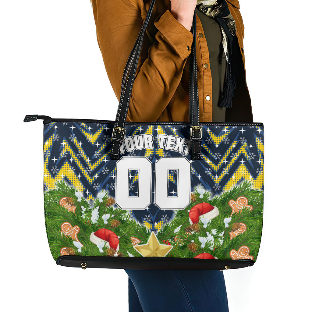 Personalised Cowboys Rugby Christmas Leather Tote Bag Santa Rugby Mascot - Pine Wreath Festive