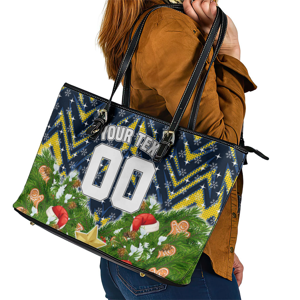 Personalised Cowboys Rugby Christmas Leather Tote Bag Santa Rugby Mascot - Pine Wreath Festive