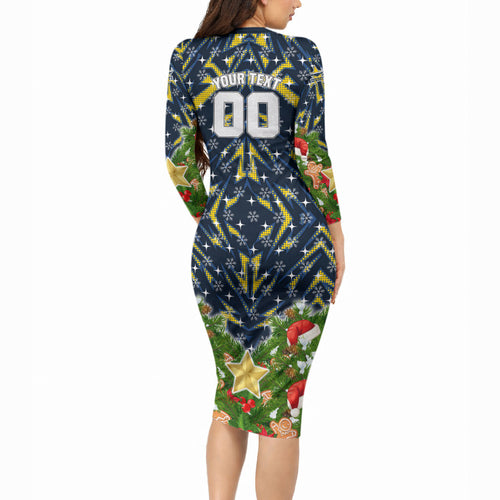 Personalised Cowboys Rugby Christmas Long Sleeve Bodycon Dress Santa Rugby Mascot - Pine Wreath Festive