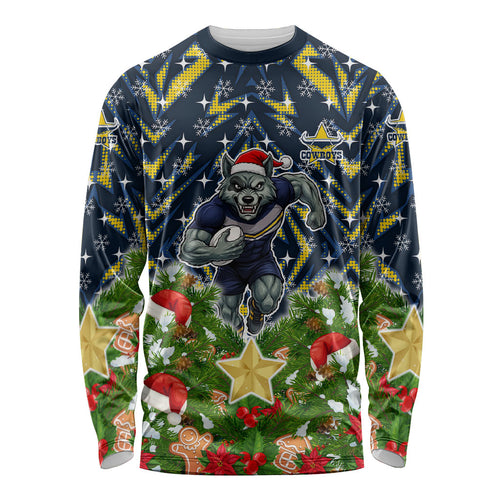 Personalised Cowboys Rugby Christmas Long Sleeve Shirt Santa Rugby Mascot - Pine Wreath Festive