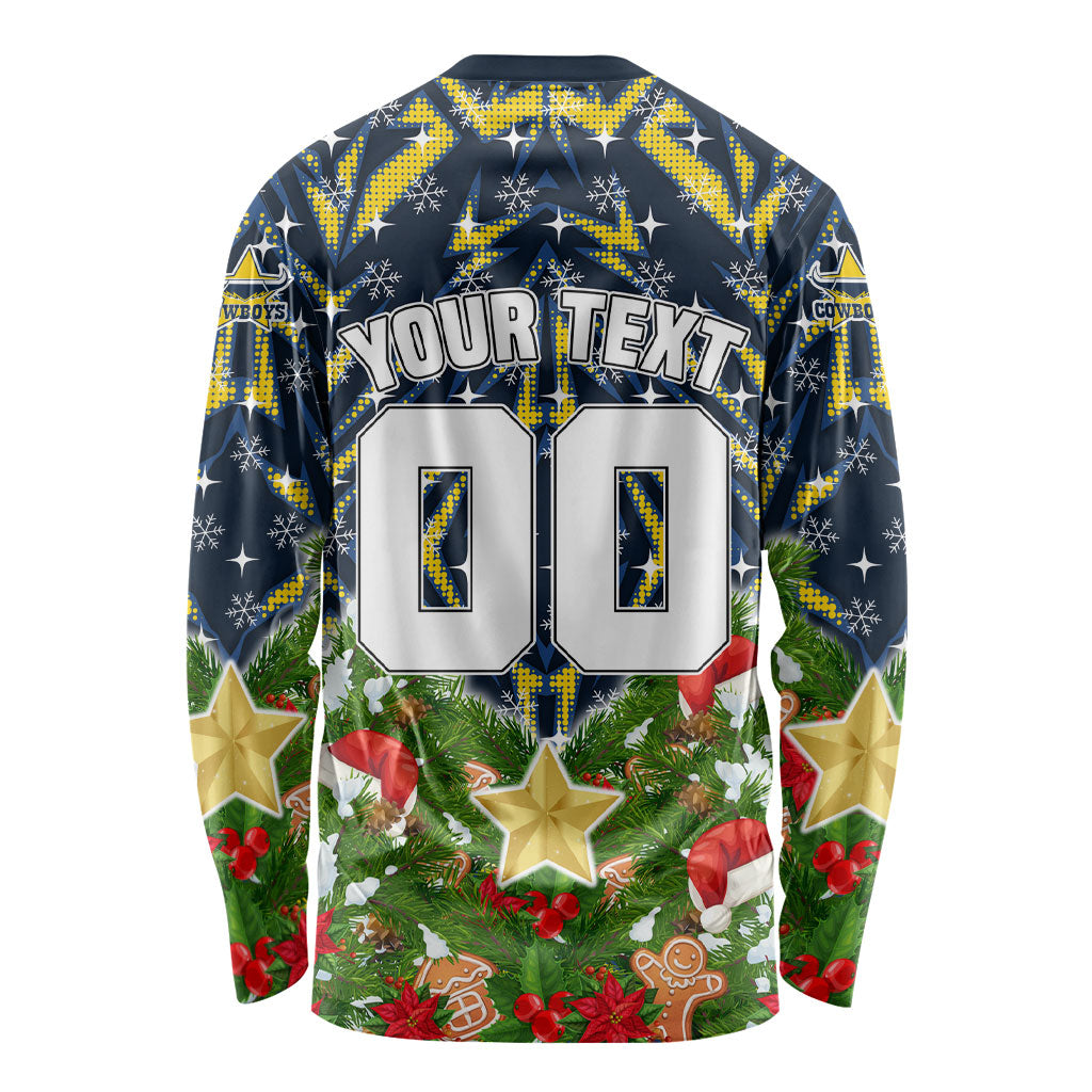 Personalised Cowboys Rugby Christmas Long Sleeve Shirt Santa Rugby Mascot - Pine Wreath Festive