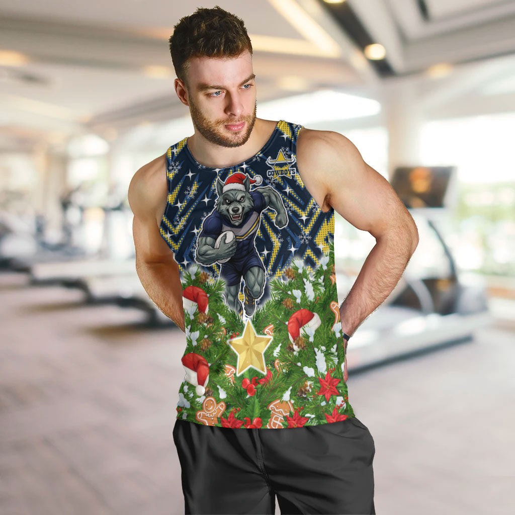 Personalised Cowboys Rugby Christmas Men Tank Top Santa Rugby Mascot - Pine Wreath Festive