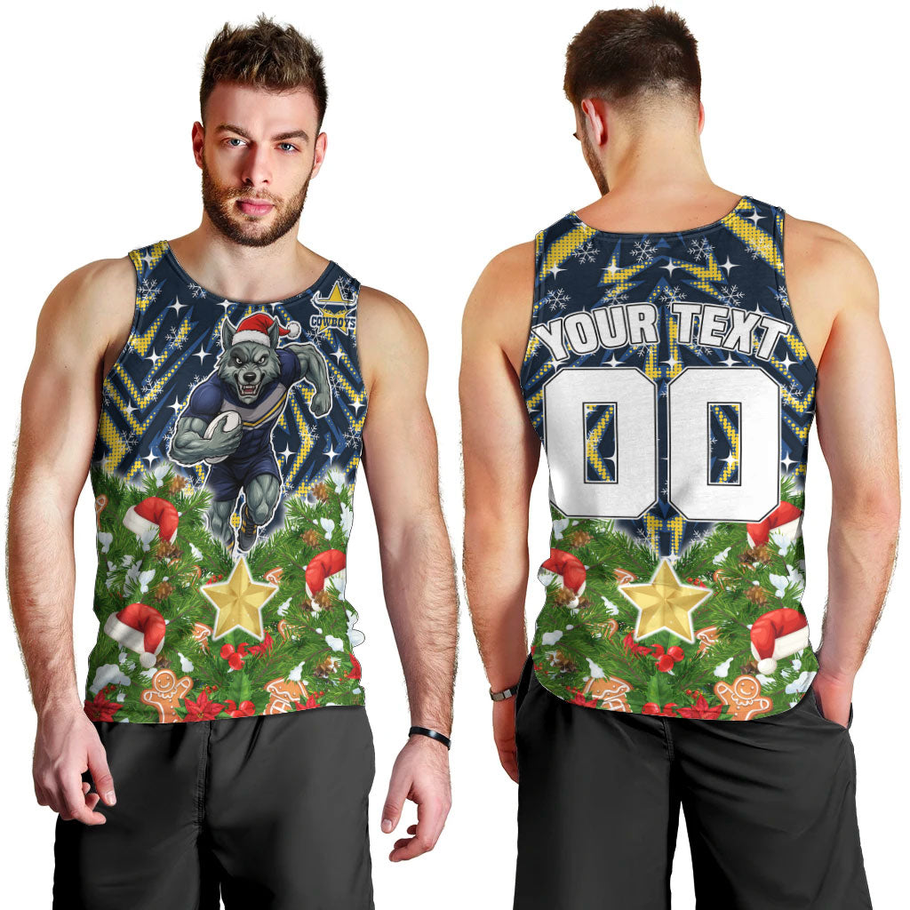 Personalised Cowboys Rugby Christmas Men Tank Top Santa Rugby Mascot - Pine Wreath Festive