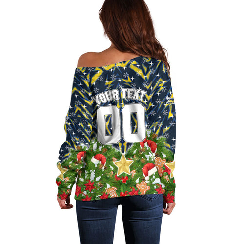 Personalised Cowboys Rugby Christmas Off Shoulder Sweater Santa Rugby Mascot - Pine Wreath Festive