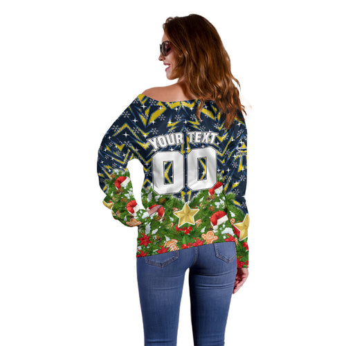 Personalised Cowboys Rugby Christmas Off Shoulder Sweater Santa Rugby Mascot - Pine Wreath Festive