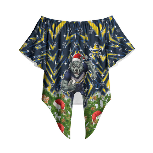 Personalised Cowboys Rugby Christmas Off Shoulder Wrap Waist Top Santa Rugby Mascot - Pine Wreath Festive