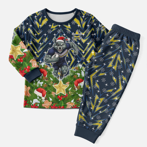 Personalised Cowboys Rugby Christmas Pajama Set Santa Rugby Mascot - Pine Wreath Festive