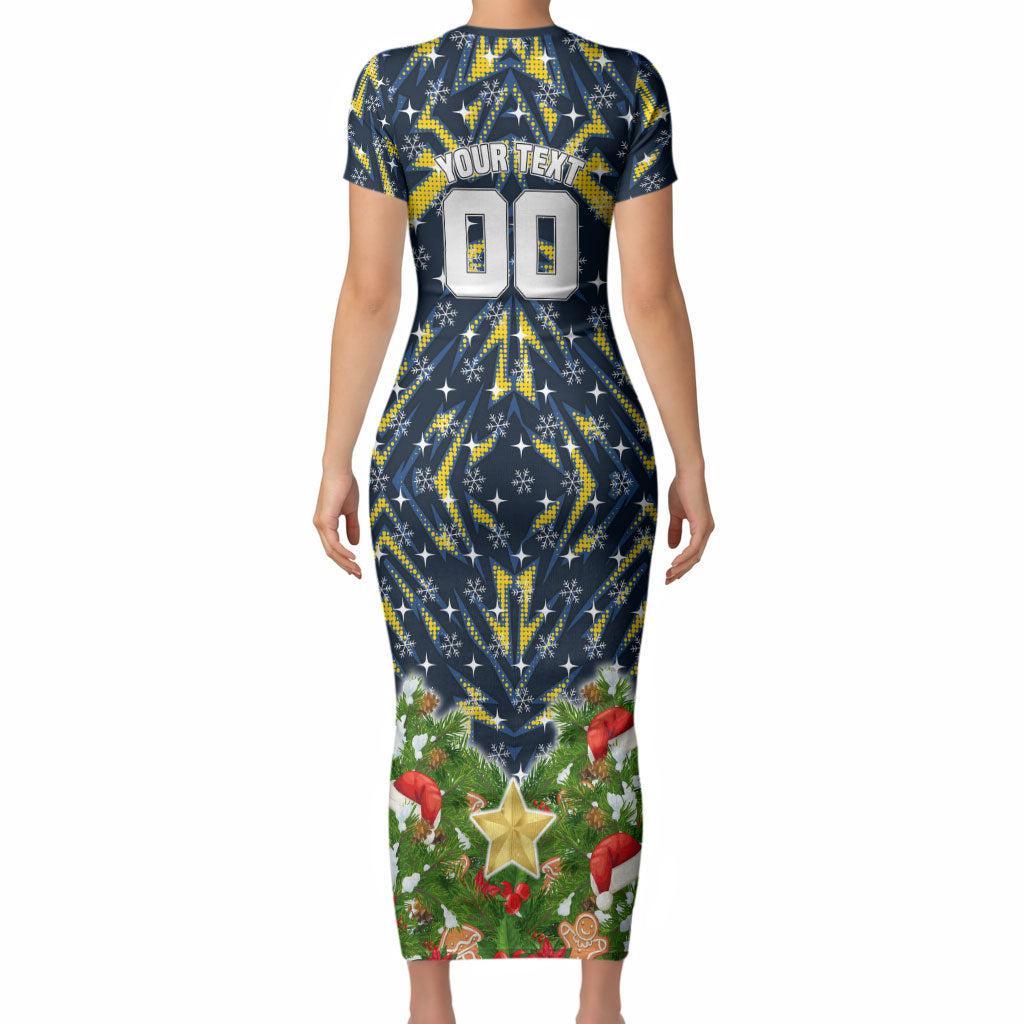 Personalised Cowboys Rugby Christmas Short Sleeve Bodycon Dress Santa Rugby Mascot - Pine Wreath Festive