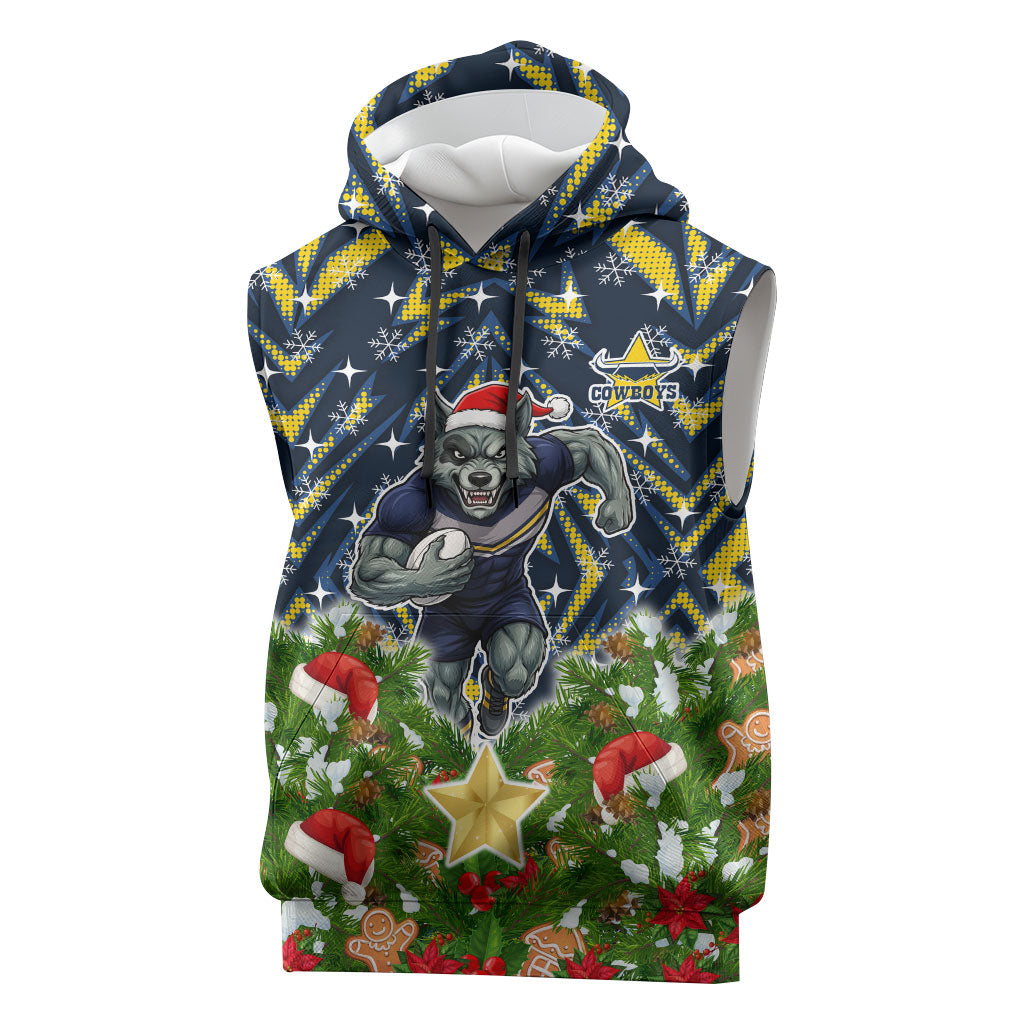 Personalised Cowboys Rugby Christmas Sleeveless Hoodie Santa Rugby Mascot - Pine Wreath Festive