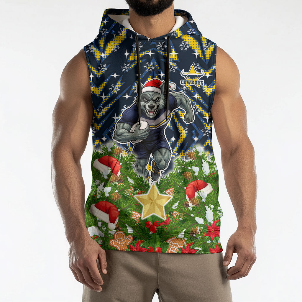 Personalised Cowboys Rugby Christmas Sleeveless Hoodie Santa Rugby Mascot - Pine Wreath Festive