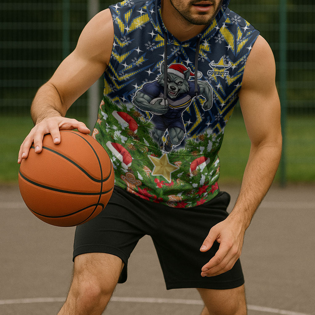 Personalised Cowboys Rugby Christmas Sleeveless Hoodie Santa Rugby Mascot - Pine Wreath Festive